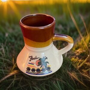 FLORIDA‎ No Spill Boat Bottom Mug Cup Stoneware Vintage Scene Sunset & Palm Tree